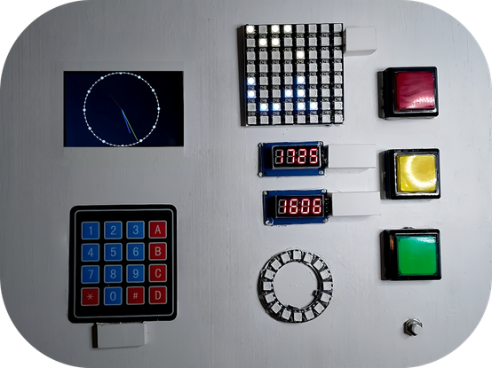 Face avant de mon truc inutile qui regroupe :
- Une horloge à affichage numérique
- Une horloge à affichage analogique
- Une horloge à affichage binaire
- Trois timers
- Une alarme
- Des signaux lumineux