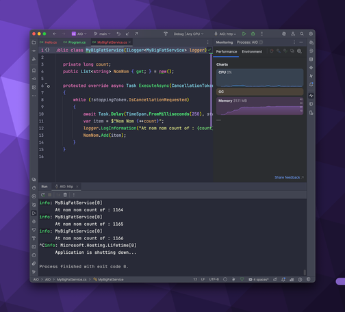 Showing JetBrains Rider’s new performance tool window with a memory flatline of 31 megabytes.
