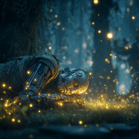 Midjourney Prompt: A serene nighttime scene of an android peacefully sleeping on a mystical forest clearing, moonlit atmosphere, surrounded by dozens of floating fireflies casting a gentle golden glow, hyper-detailed, magical realism, volumetric lighting, cinematic composition, shallow depth of field, meets cyberpunk, 8k, intricate details --profile 3jzhi3z --v 7