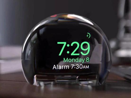 There’s no hidden components, no inner trickery – the entire NightWatch is a cleverly designed, solid piece of lucite that does three things remarkably well. First, it docks the Apple Watch and charger inside it, magnifying the watch screen so the numbers are clearly legible even from a couple of feet away. Secondly, channels located strategically under the Watch’s speaker units amplify the sound (sort of like how your voice is louder when you cup your hands around your mouth) so your alarm rings louder. Thirdly (and this might be the best feature yet), the lucite orb is touch-sensitive. Which means a mere tap on the surface causes your Watch screen to wake so you can see the time!