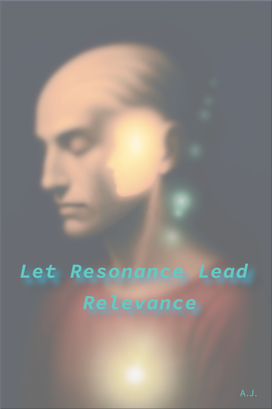 The image shows an artistic portrait with a soft, dreamlike quality. It features a profile view against a dark background, with a muted color palette dominated by warm tones and subtle lighting that creates a glowing effect on parts of the subject.

At the bottom of the image, there's text in a turquoise/mint green color that reads "Let Resonance Lead Relevance" - a philosophical phrase that suggests allowing meaningful connections to guide what matters. The initials "A.J." appear in the bottom right corner, likely indicating the artist.

The overall aesthetic has an ethereal, contemplative mood with its blurred edges and gentle illumination, giving it a modern artistic feel that bridges photography and digital art. The composition creates a sense of introspection that complements the thoughtful message in the text.
