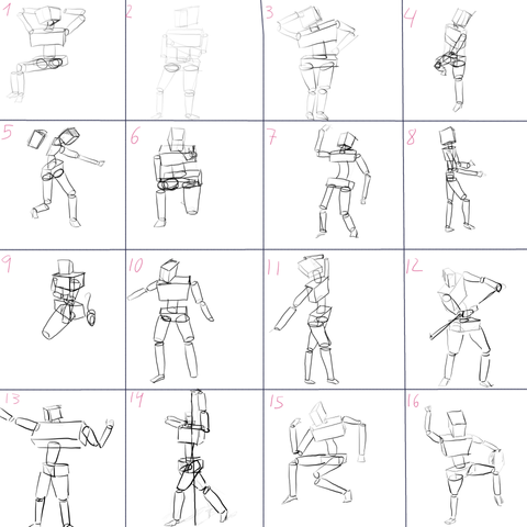 16 drawings of human figures made of geometric shapes such as cilinders and prisms. The drawings are presented in a 4x4 grid.