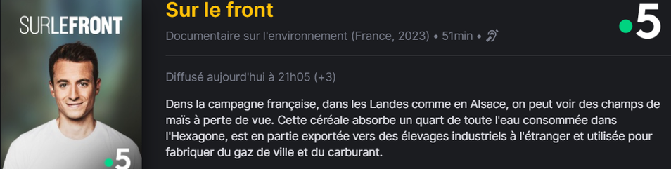 Dans la campagne française, dans les Landes comme en Alsace, on peut voir des champs de maïs à perte de vue. Cette céréale absorbe un quart de toute l'eau consommée dans l'Hexagone, est en partie exportée vers des élevages industriels à l'étranger et utilisée pour fabriquer du gaz de ville et du carburant.