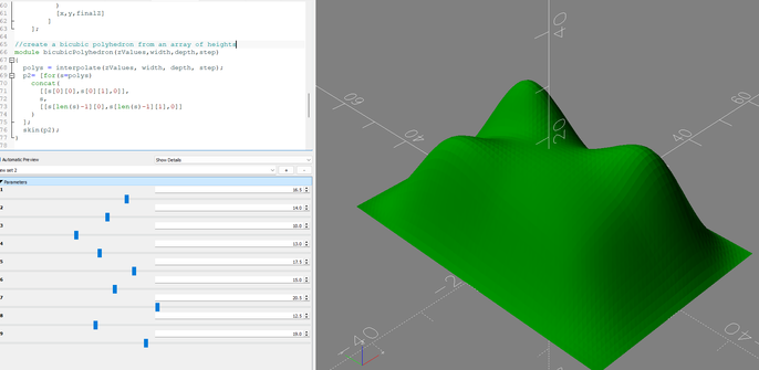 OpenSCAD screenshot with 9 sliders to the left, and a contoured surface based on the slider values to the right