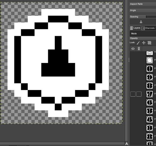 a screenshot of the image editing software GIMP. a 16x16 pixel icon is in the main window, a black hexagon outline with a small black triangle inside. to the right the layer navigator shows many tiny glyphs that look like arabic numerals with three dots in each.