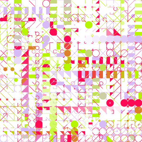 This artwork showcases a vibrant pattern of geometric shapes like circles, squares, and triangles in bright colors such as green, red, pink, purple, and orange. The densely packed composition creates a dynamic visual effect with overlapping shapes and intersecting lines, resulting in a complex and engaging design that balances color and form.