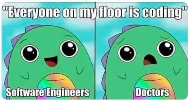 "Everyone on my floor is coding" Software Engineers  [happy dinosaur] Doctors [horrified dinosaur]