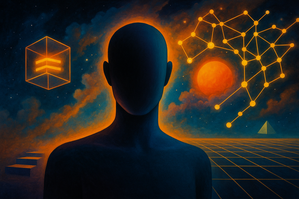 A faceless figure stands before a cosmic backdrop with a glowing sun, geometric networks, and floating shapes, evoking a surreal vision of thought, space, and digital interconnectedness.
