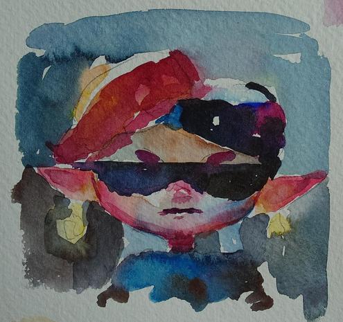A small watercolor sketch of Callie wearing the mind control shades from Splatoon 2. She is staring directly at the viewer