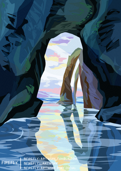 Dessin de falaises formant une arche sur la mer. Le ciel et la roche se reflète sur l'eau.