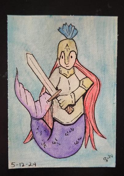 A mermaid knight wearing armor and holding a sword