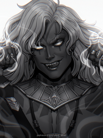 Digital bw portrait of fantasy man with tattoos in jewelry. This is fantasy human art. The man licks his tongue sharp teeth in the smile. One of his eyes and both fists are surrounded by magic.