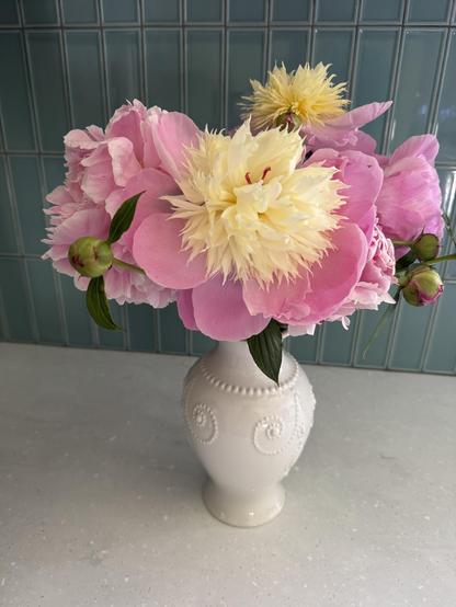 A white vase full of pink and white peony flowers, against a teal green tile wall. 