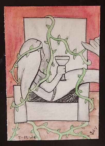 Stone statue of a mermaid on a throne, holding a goblet, covered in vines.
