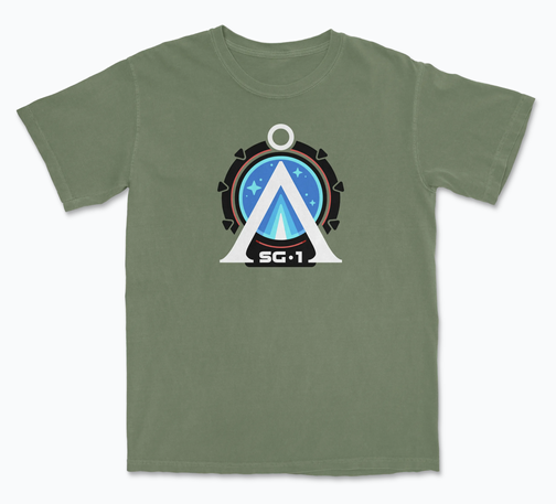 A four color Stargate-inspired design showing the Earth Chevron at the center of the Stargate with the initials SG-1 below it on an army green shirt