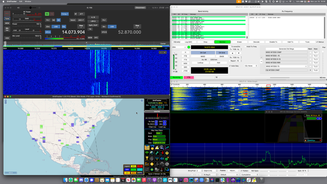 a variety of ham radio interfaces including waterfall frequency-over-time displays and maps with signal and comms routes displayed as lines between stations.
