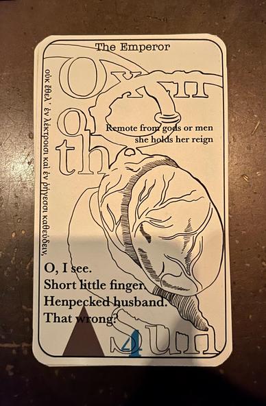 Tarot card representing Episode 14, The Oxen of the Sun (The Emperor), which takes place at 10pm. 