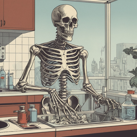 Model: RealVisXL V4.0
(retro futuristic illustration, comic book, vector, 4k, hyper-detail), a skeleton wearing an apron washing dishes 