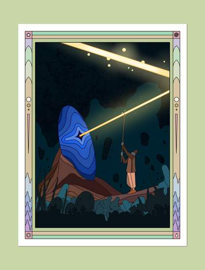 Illustration de Lucas Saenger. Un personnage tend un bâton vers un raton lumineux qui sort d’une etrange pierre.