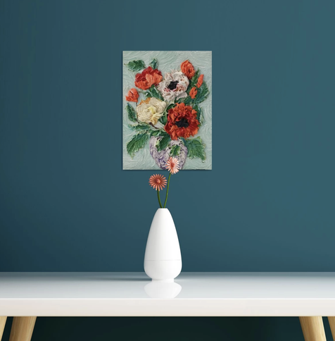 
 A textured 3D floral painting in soft pinks and creams, sculpted in impasto on a cradled wood panel, with delicate petal reliefs creating lifelike depth and movement.