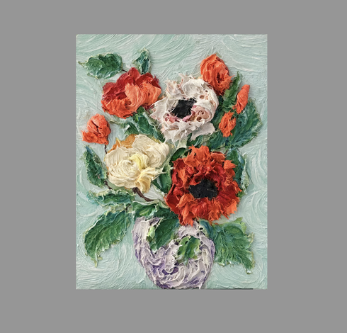 
 A textured 3D floral painting in soft pinks and creams, sculpted in impasto on a cradled wood panel, with delicate petal reliefs creating lifelike depth and movement.