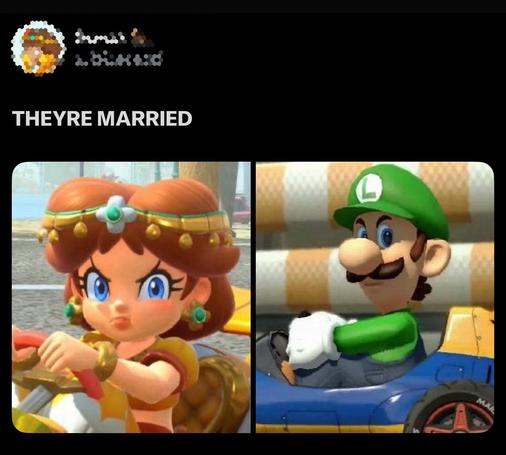 A post from a “questionable source” showing both Daisy and Luigi competing in Mario Kart and doing the “Death Stare”. Accompanied by the caption, “They’re married”.

It is widely accepted that Daisy and Peach are a couple, as hinted in numerous Nintendo games featuring the two. Although, their marital status has not been confirmed.