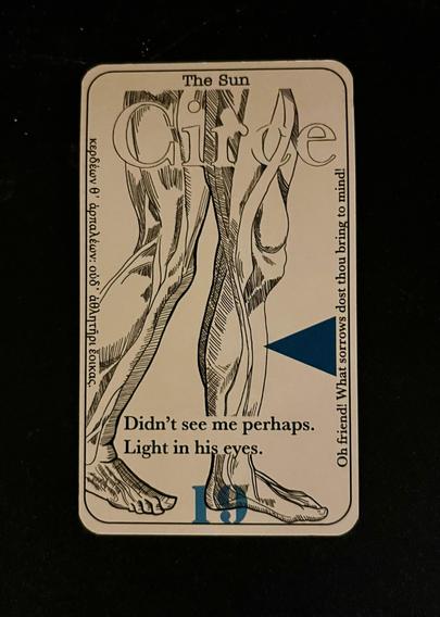 Tarot card representing Episode 15, Circe (The Sun), which takes place at midnight. It depicts an anatomical drawing of two legs. 