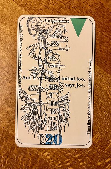 Tarot card representing Episode 16, Eumaeus (Judgment), which takes place at 1am. It contains an anatomical drawing of the brain and nervous system. 