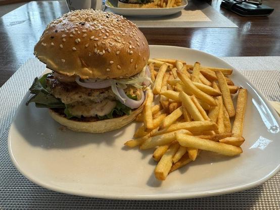 Homemade chicken burger with air fryer french fries