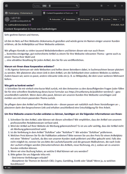 Screenshot des E-Mails mit dem Angebot.