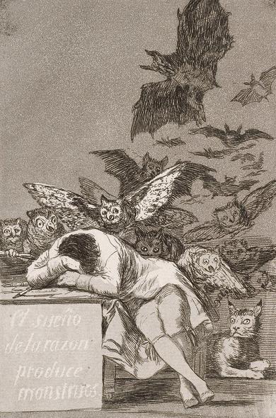 

"The Sleep of Reason Produces Monsters", can be viewed as Goya's personal manifesto; many observers believe that Goya intended to depict himself asleep amidst his drawing tools, his reason dulled by slumber, bedeviled by creatures that prowl in the dark. Such creatures that appear in this work are often associated in Spanish folk tradition with mystery and evil; the owls surrounding Goya may be symbols of folly, and the swarming bats may symbolize ignorance. The title of the print, as marked on the front of the desk, is typically read as a proclamation of Goya's adherence to the values of the Enlightenment: without reason, evil and corruption prevail.[5] Goya also included a caption for this print that may suggest a slightly different interpretation: "Imagination abandoned by reason produces impossible monsters; united with her, she is the mother of the arts and source of their wonders". 