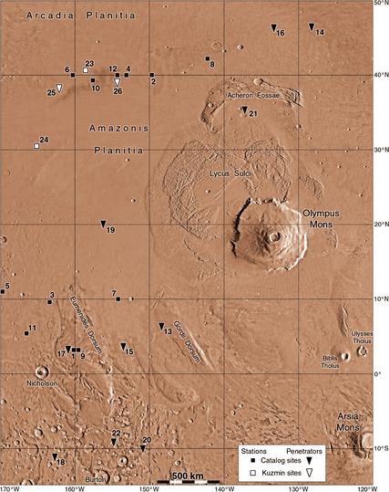 A map of the Amazonis region of Mars showing suggested sites for Mars 94, a Russian mission with landers and penetrator probes deployed from an orbiter. Sites for the landers and penetrators were in the Mars Landing Site Catalog, and another suggested set were discussed at a workshop in 1994. Those are shown with white symbols on this map.
