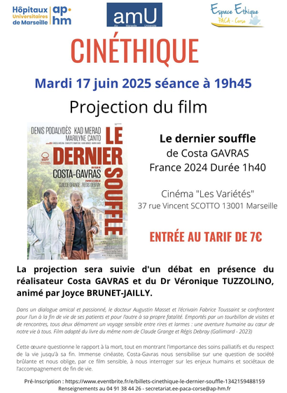 Affiche du film « Le dernier souffle » de Costa-Gavras avec Denis Podalydès et Kad Merad. Mention de la projection au cinéma Les Variétés à Marseille le 17 juin 2025 à 19h45, suivie d’un débat avec le réalisateur et le Dr Tuzzolino. Tarif 7 euros.