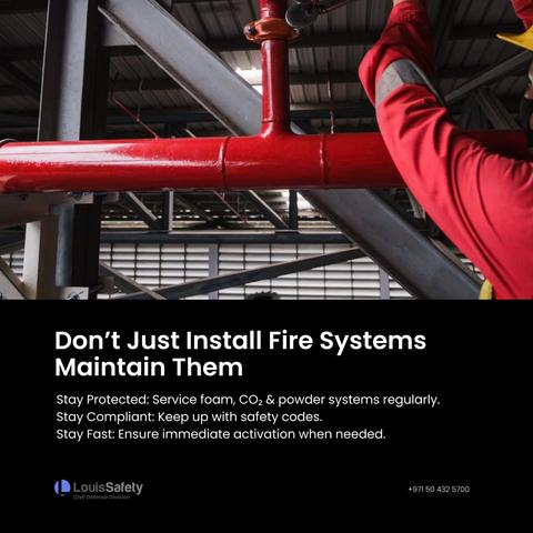 Don’t Just Install Fire Systems — Maintain Them

✧ Stay Protected: Service foam, CO₂ & powder systems regularly.
✧ Stay Compliant: Keep up with safety codes.
✧ Stay Fast: Ensure immediate activation when needed.

📍 Abu Dhabi | 📞 +971504325700 | 🔗 louisfiresafety.com

#FireSafety #SafetyFirst #LouisSafety #FireProtection #SafetyCompliance #FirePrevention