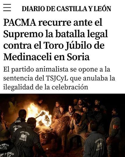 Captura de pantalla de una noticia del Diario de Castilla y León. El titular dice "PACMA recurre ante el Supremo la batalla legal contra el Toro Júbilo de Medinaceli en Soria". El subtítulo cita "El partido animalista se opone a la sentencia del TSJCyL que anulaba la ilegalidad de la celebración". Debajo aparece una foto de la celebración del Toro Júbilo, donde se ve a un toro con fuego sobre sus cuernos, rodeado de gente que lo agarra.
