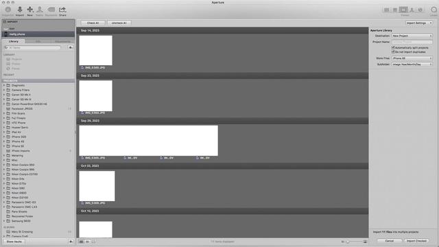 A screenshot of Apple’s Aperture photo digital asset manager. There’s a glitch at the top of the import area where the panel changes width, I don’t believe that was a normal constant situation - I think it’s because the screenshot was made of an ARD screensharing window.