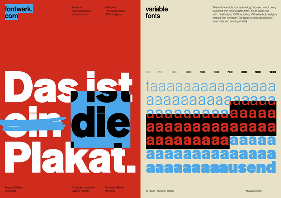 Two pages of a colourful demo layout set with Tausend, showing the fluid font weights of the variable font version.