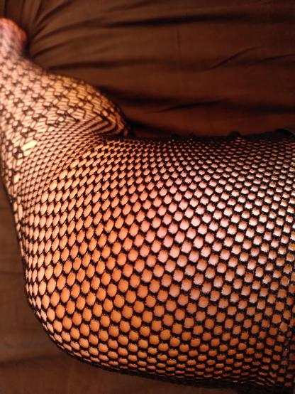 Selfie of my leg in patterned fishnet tights. It has a different pattern on the lower leg than on the thighs. The photo is taken looking down from the thigh.