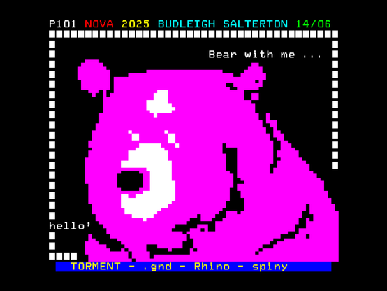 teletext cartoonish image of a purple bear