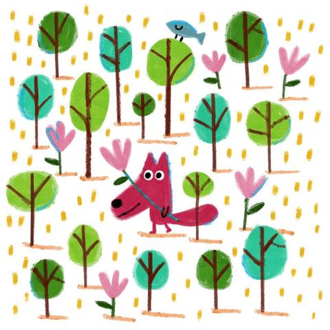 Un loup rose qui tient une fleur au-milieu de petits arbres verts et un peu bleus