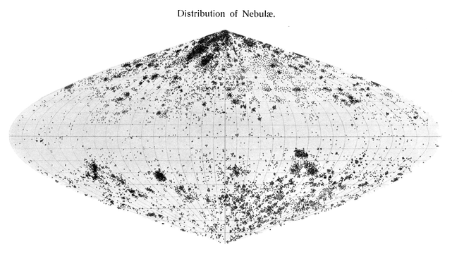 Plate 3 of the paper showing the distribution of nebulae in a Flamsteed projection in a galactic coordinate system. Notable features are the clustering of nebulae in clouds or clusters of various sizes, and their absence in what is now understood as the Zone of Avoidance, or zone of galactic obscuration, that is, the region of sky heavily obscured by foreground dust from our own galaxy the Milky Way. 