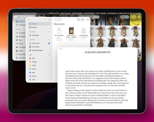 Screenshot of iPadOS 26 showing Marvin app in foreground with files and photos in the background