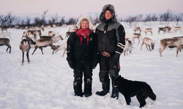 The Sámi Pavilion artist Máret Ánne Sara and her brother, Jovsset Ante Sara. Photograph: Michael Miller / OCA