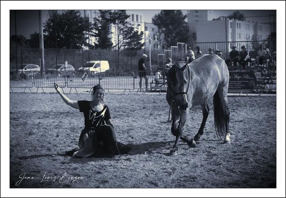 The image presents a striking moment frozen in time, rendered in black and white, which adds a timeless, almost nostalgic atmosphere. In the foreground, a person dressed in flowing black attire sits gracefully on the sandy ground, their right arm extended upward and slightly bent, suggesting a gesture imbued with meaning—perhaps commanding attention, signaling, or engaging in a form of communication with the horse nearby.
The horse, positioned slightly to the right, stands calmly yet attentively, its head lowered in a manner that implies connection or understanding with the seated figure. The stance of the horse, with one front hoof softly lifted, highlights a moment of gentle interaction between human and animal, conveying trust and mutual respect.
In the backdrop, urban architecture and fences frame the scene, suggesting a public or communal space possibly used for training, performance, or competition. The subtle contrast between the natural grace of the horse and the solid presence of the buildings creates a dynamic juxtaposition of nature and human-made environments.
Symbolically, the image resonates with themes of harmony and communication across species—a common motif in equestrian culture where horse and rider/trainers engage in a silent conversation of movements and gestures. The monochromatic palette amplifies emotional depth while focusing the viewer’s eye on form, posture, and the intimate bond shared between the two subjects.


