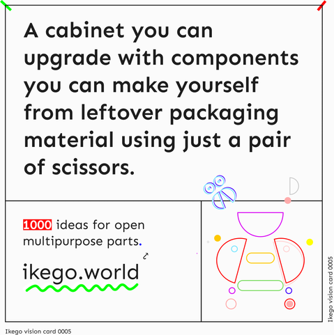 A textcard saying "A cabinet you can upgrade with components you can make yourself from leftover packaging material using just a pair of scissors."