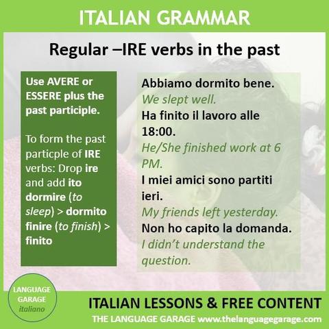 Italian grammar note on the past tense of regular IRE verbs, image of a woman sleeping