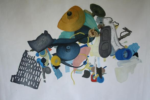 Peinture retraçant la vie de déchets plastiques ramassés le long d'une plage.