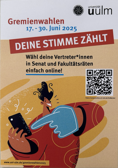 Wahlplakat mit Figur die auf Handy deutet