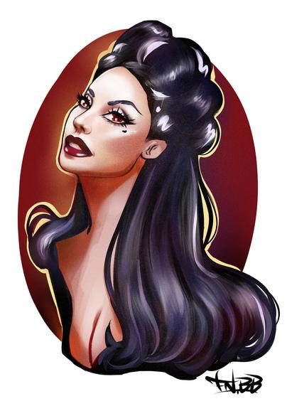 Semi realistic portrait of a woman with red background.