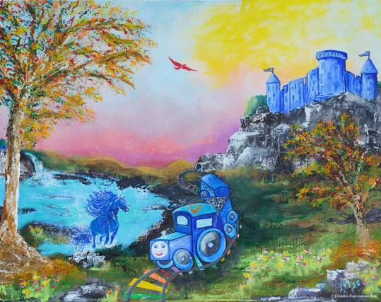 16x20 acrylic painting, "Ben's Blue Train World", for my 2.5yo grandson. His love of "Blue Train" comes from listening (over and over) to #BlueTrain by #JohnnyCash. I first made a little #woodentrain so I could replicate it in the painting. Grandson requested theses details: blue castle, based on 3D wooden castle I painted for my grandsons; horse is based on Elsa's "Blue Horse of Water" (as we calls it) in #Frozen movies; cardinal flying in the sky. 
@ACG&CreativeExpressionsArts2025